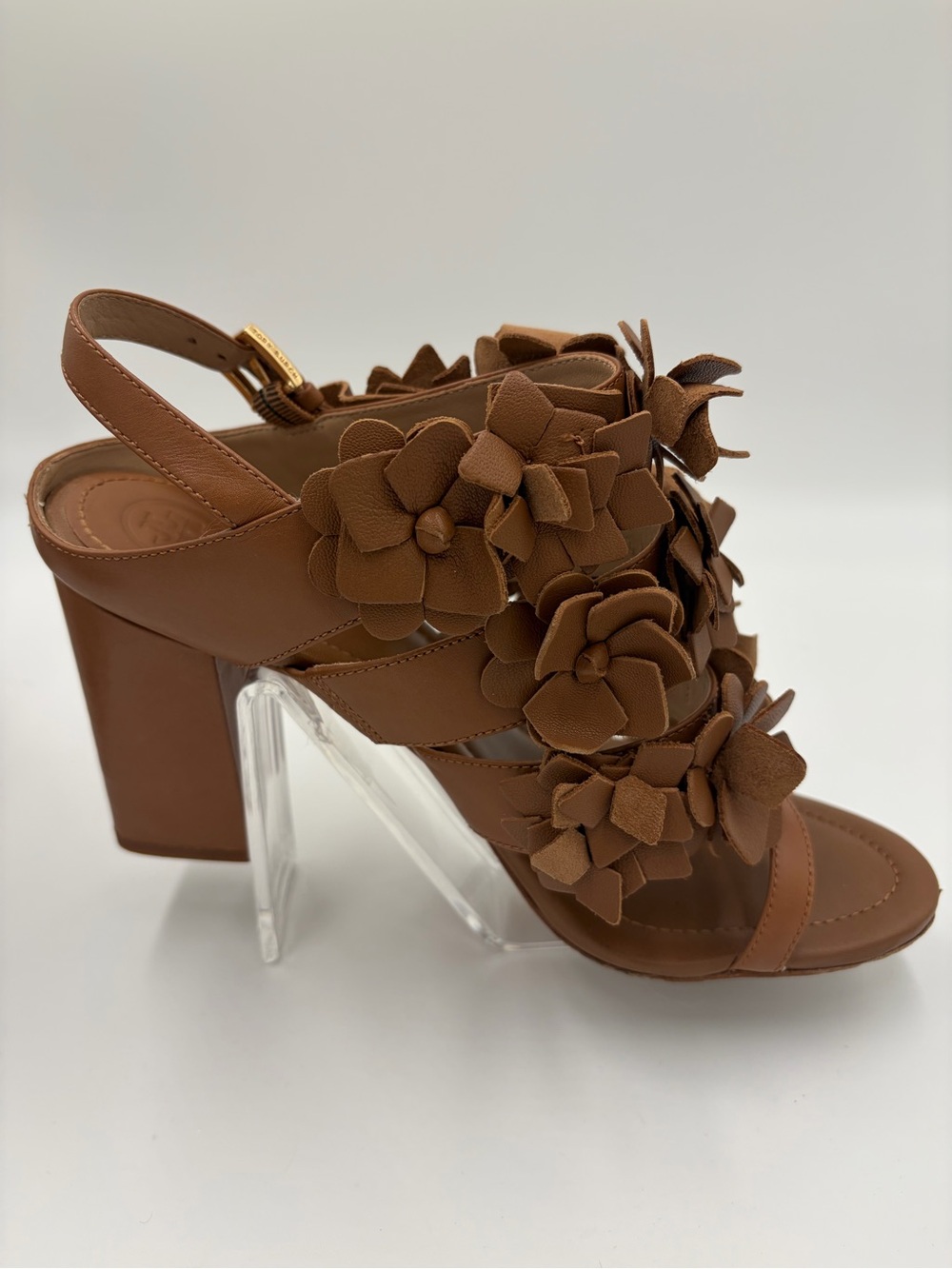 Tory Burch Brown Floral Blossom Leather Sandals with Gold Buckle Block Heels